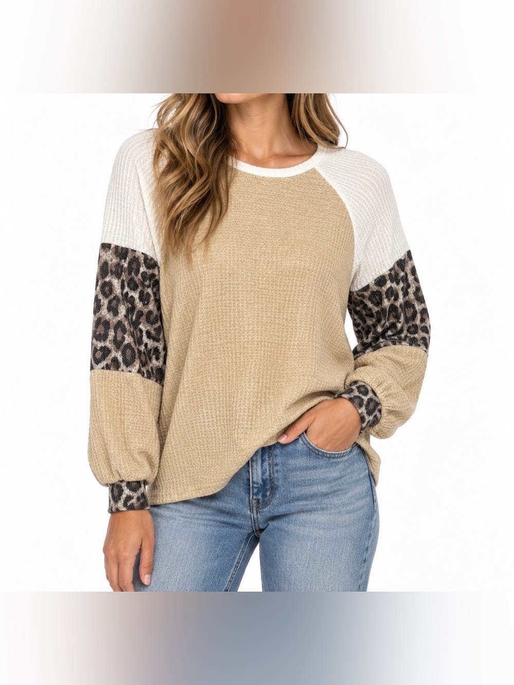 BiBi Tan White&Leopard Colorblock Long Sleeve Oversized Waffle Knit Top - Size S